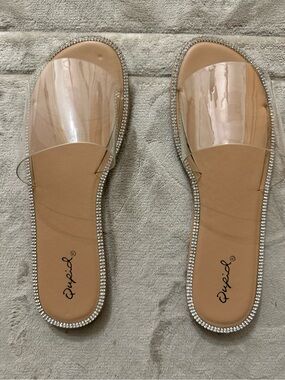 Qupid Nude Clear Slide Sandals with Rhinestone Edge